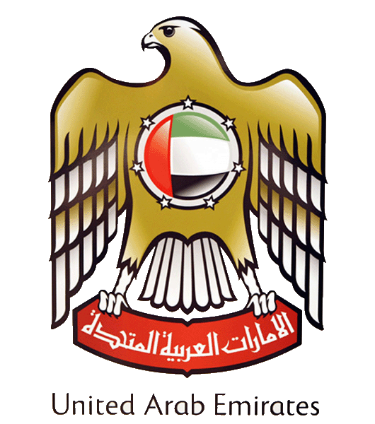National emblem of the United Arab Emirates featuring a golden falcon with the UAE flag at its center and the text United Arab Emirates